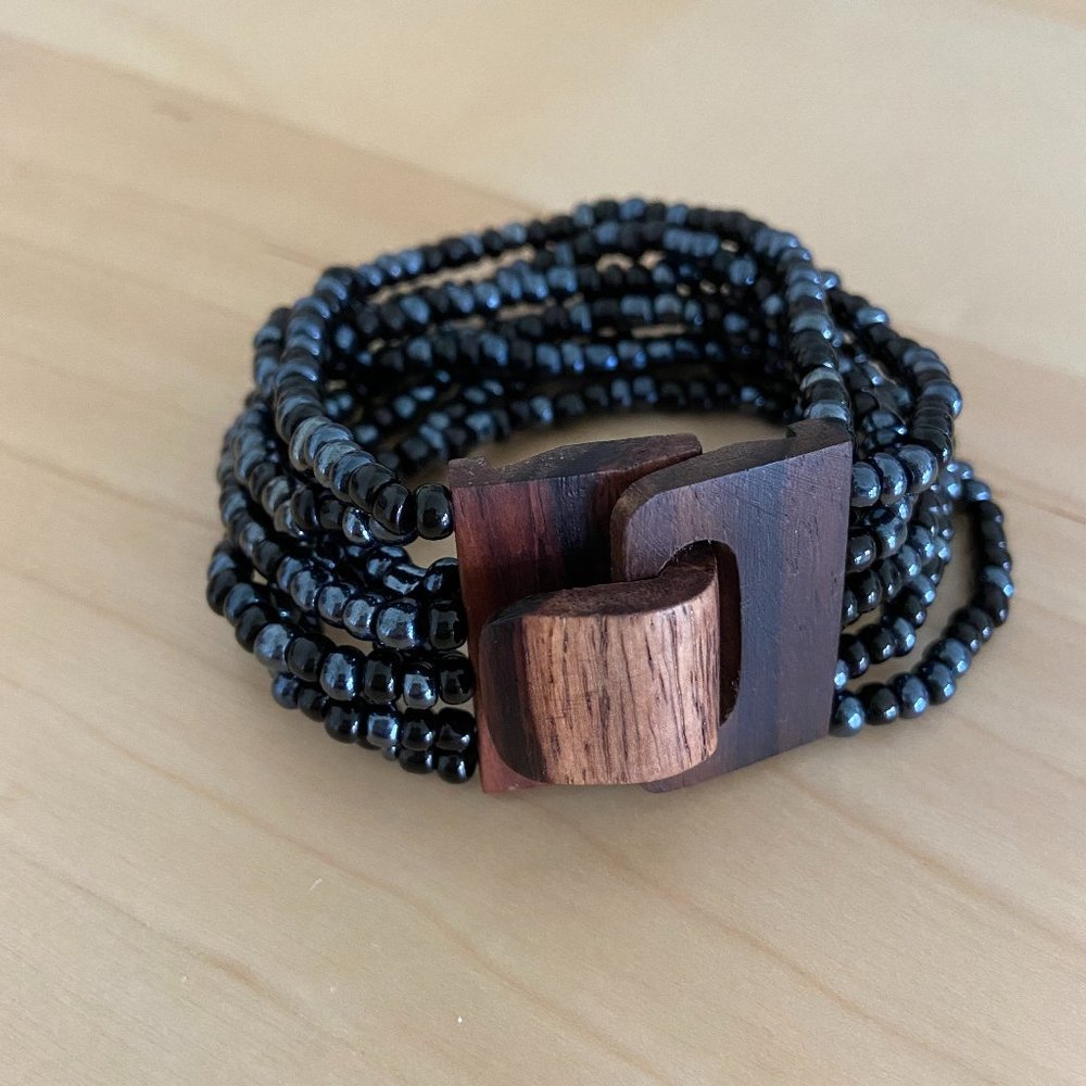 3/$20 Boho Beaded Bracelet with Wood Clasp- Black